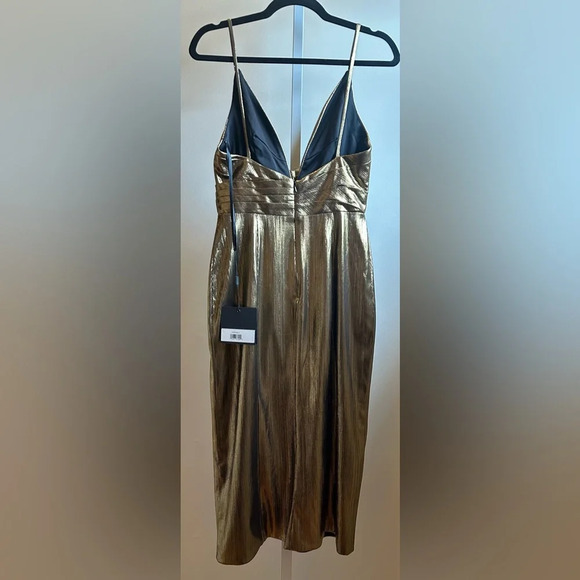 NWT Mac Duggal Metallic V Neck Midi Dress Size 4 Antique Gold - Picture 8 of 10